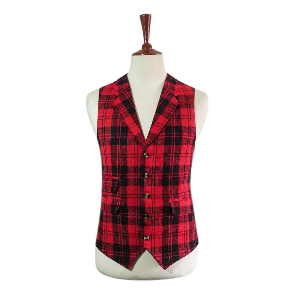 Mens 46R Wool Tartan Plaid Vest Red Black Waistcoat Formal Wedding Party Dress - Picture 1 of 8